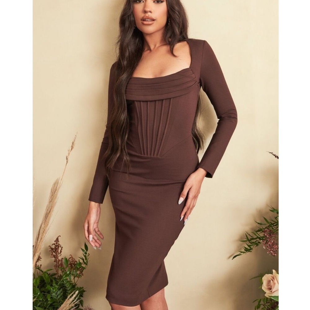 Lavish Alice Elegant Brown Long Sleeve Dress